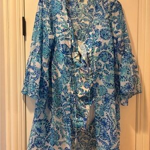 Lilly Pulitzer Blue & Teal Floral One-Piece and Cover-Up. “Shell Me You Love Me”